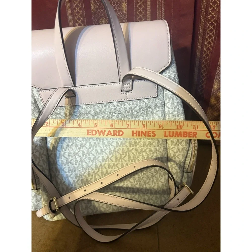 Michael Kors Abbey Medium Backpack Vanilla MK Logo Blush Pink Leather Gold Chain